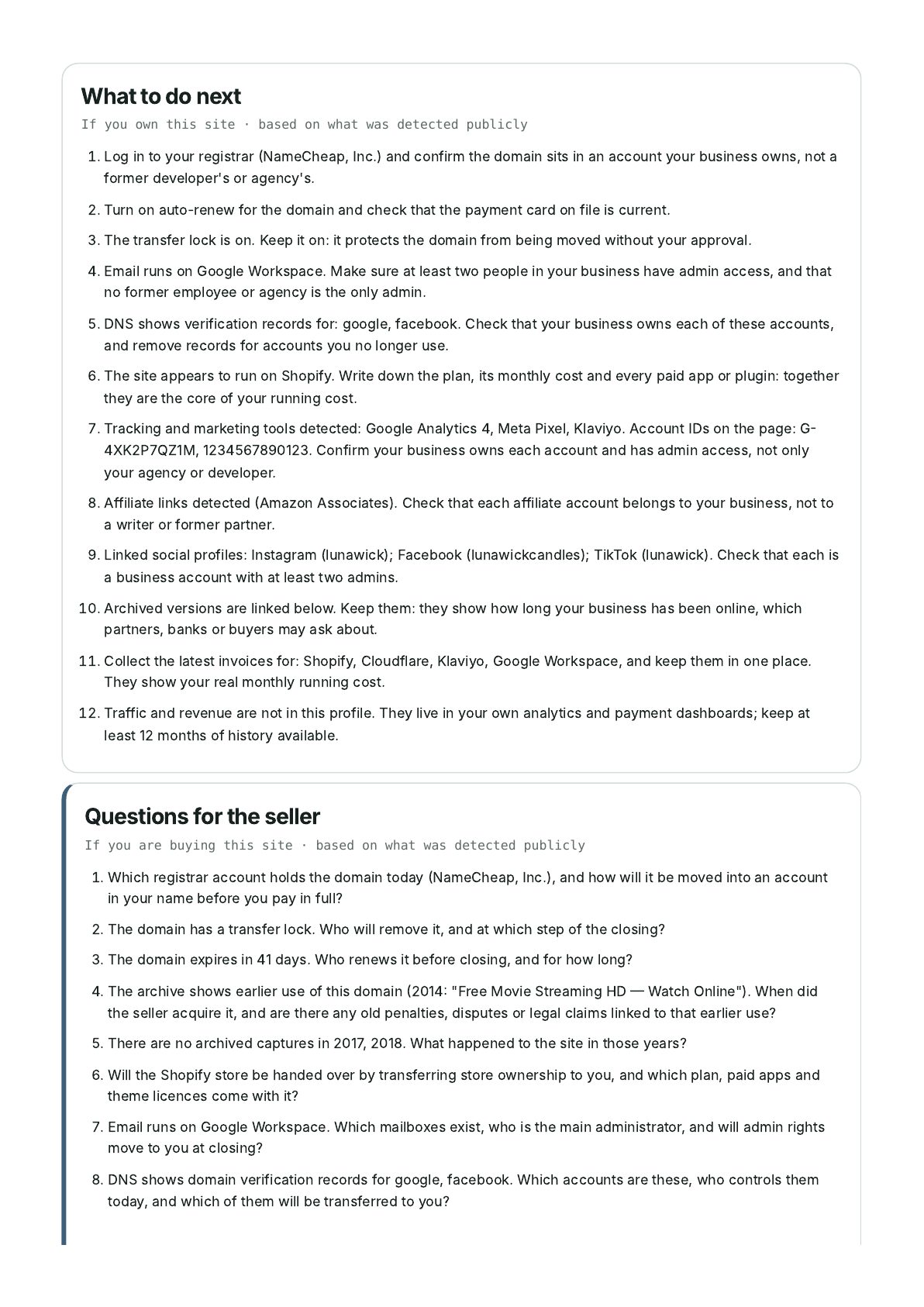 Sample report page 2: what to do next if you own the site, and questions for the seller if you are buying it