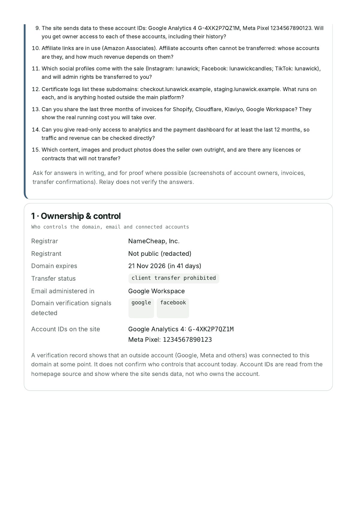 Sample report page 3: remaining seller questions, registrar, email, domain verification signals and account IDs