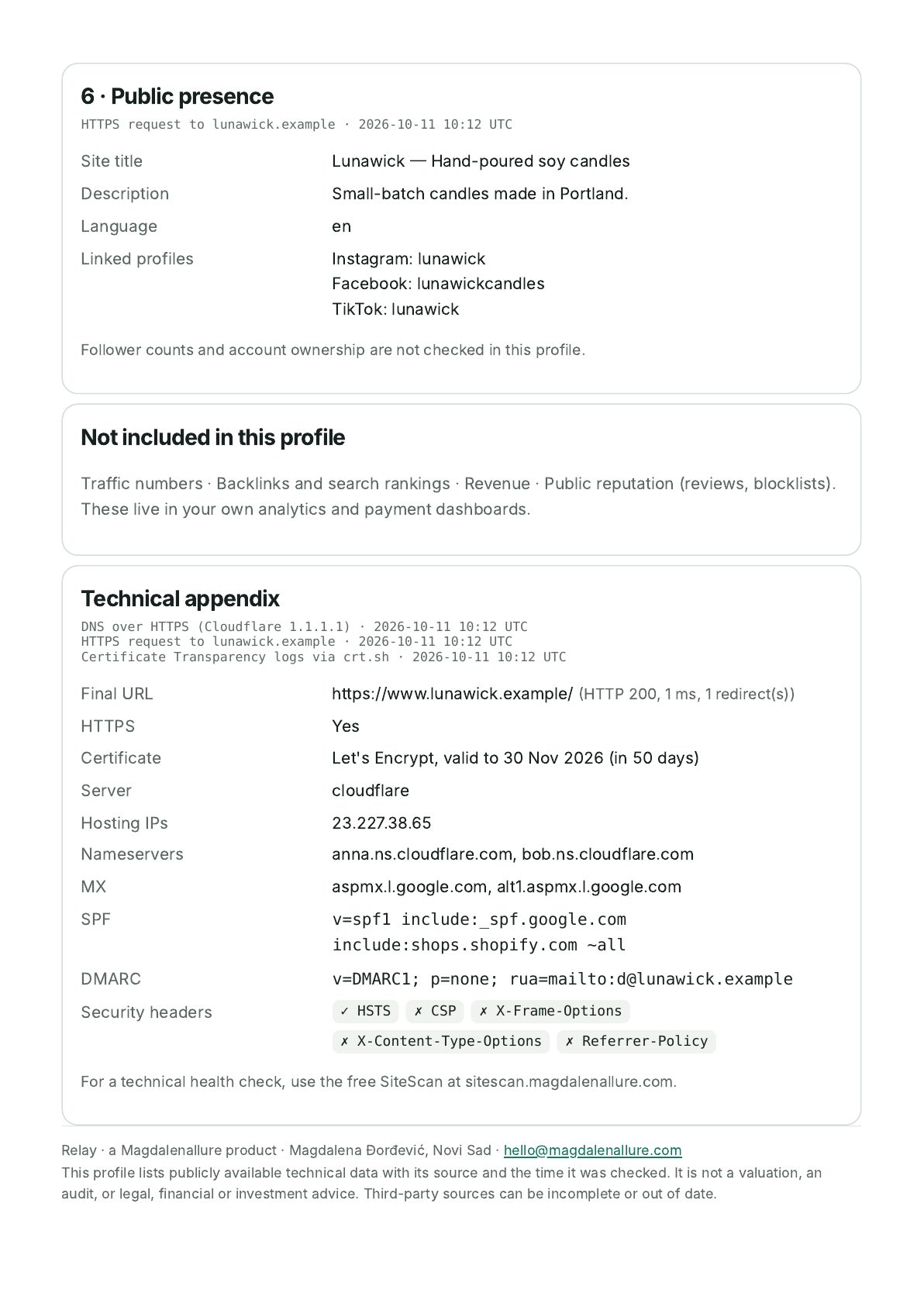 Sample report page 6: public presence, what is not included and the technical appendix